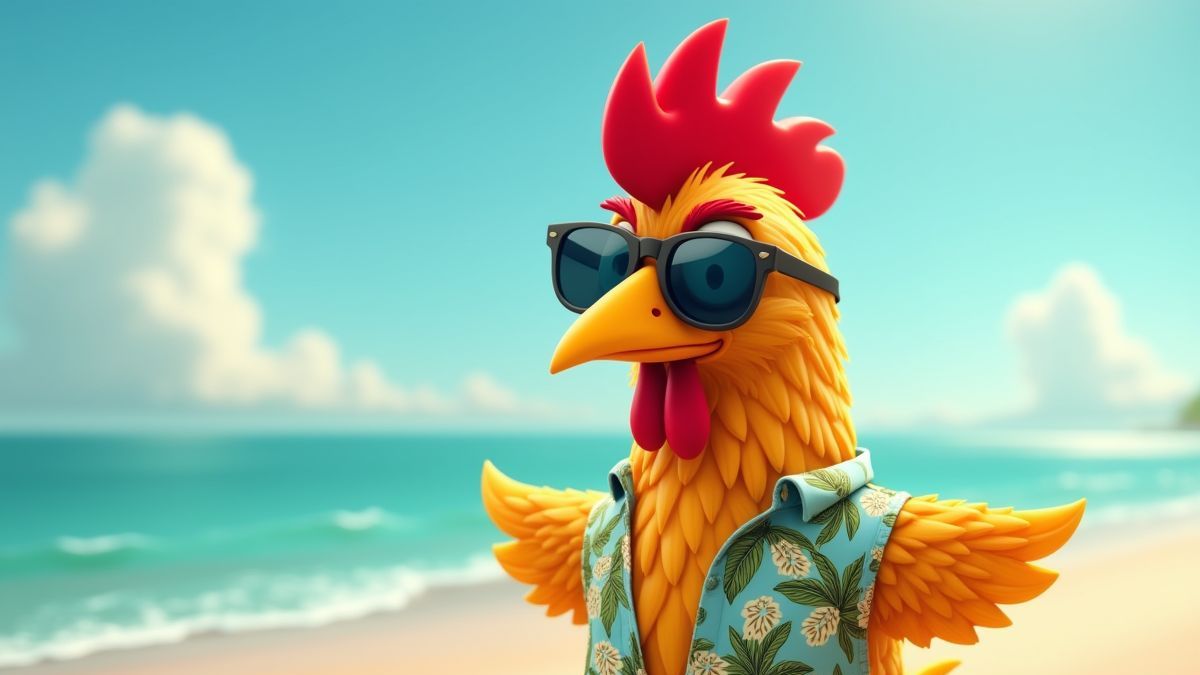 Um galo estilo caricatura com camisa havaiana e óculos de sol.