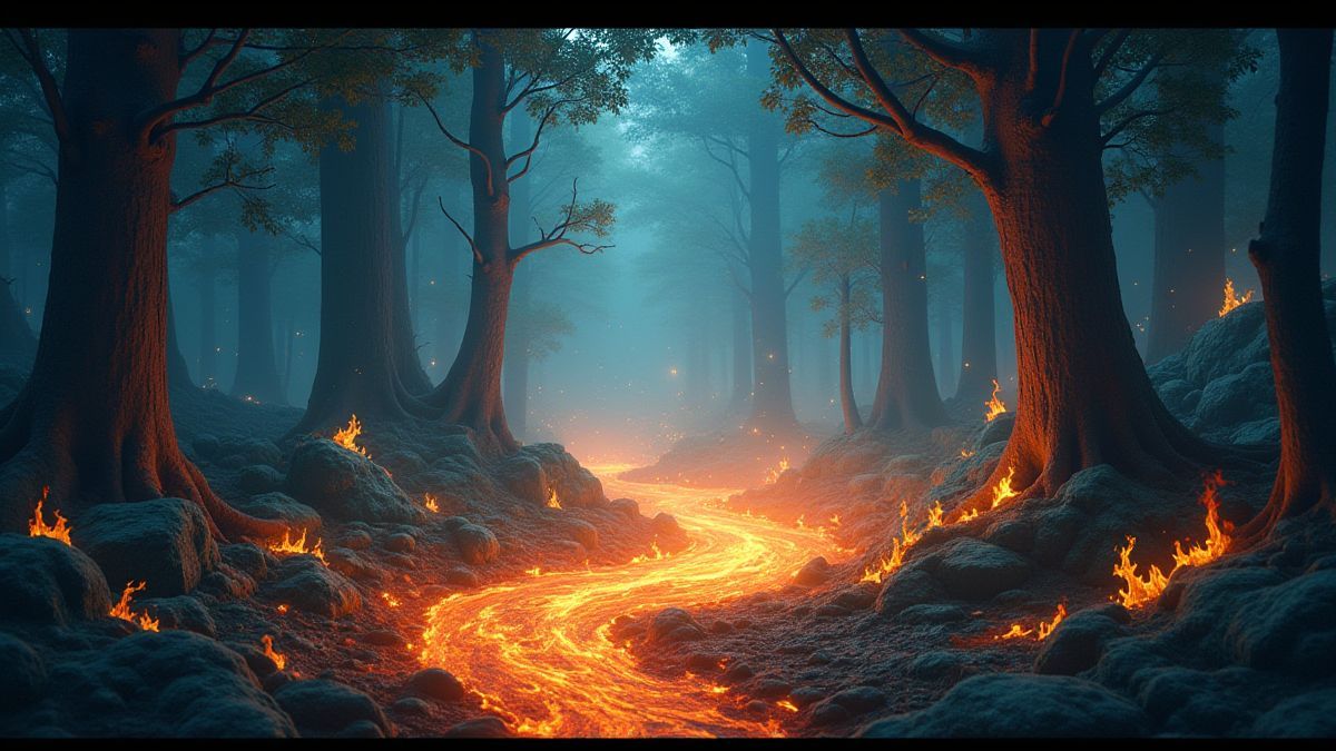 Un bosque mágico con los elementos fuego, agua, tierra y aire.