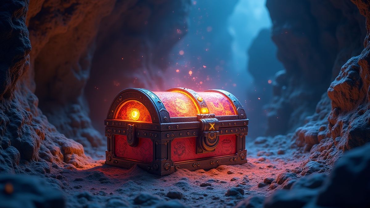 Cofre del tesoro mágico en una cueva mística.