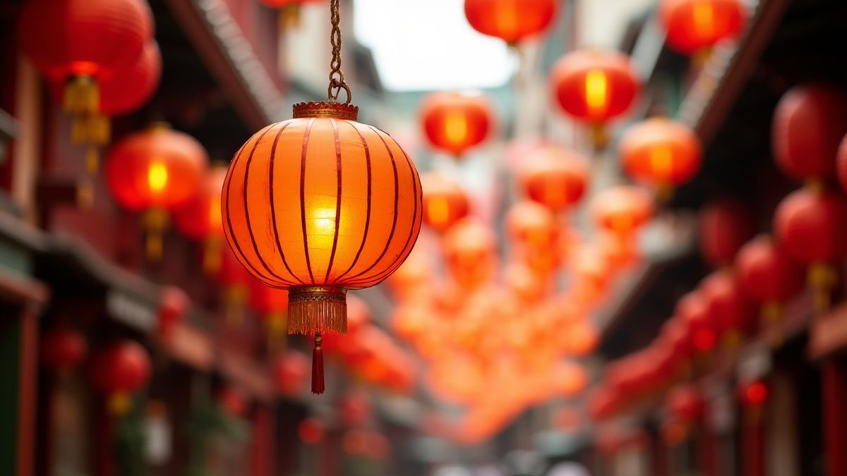 Lanternas de papel em uma rua festiva chinesa.