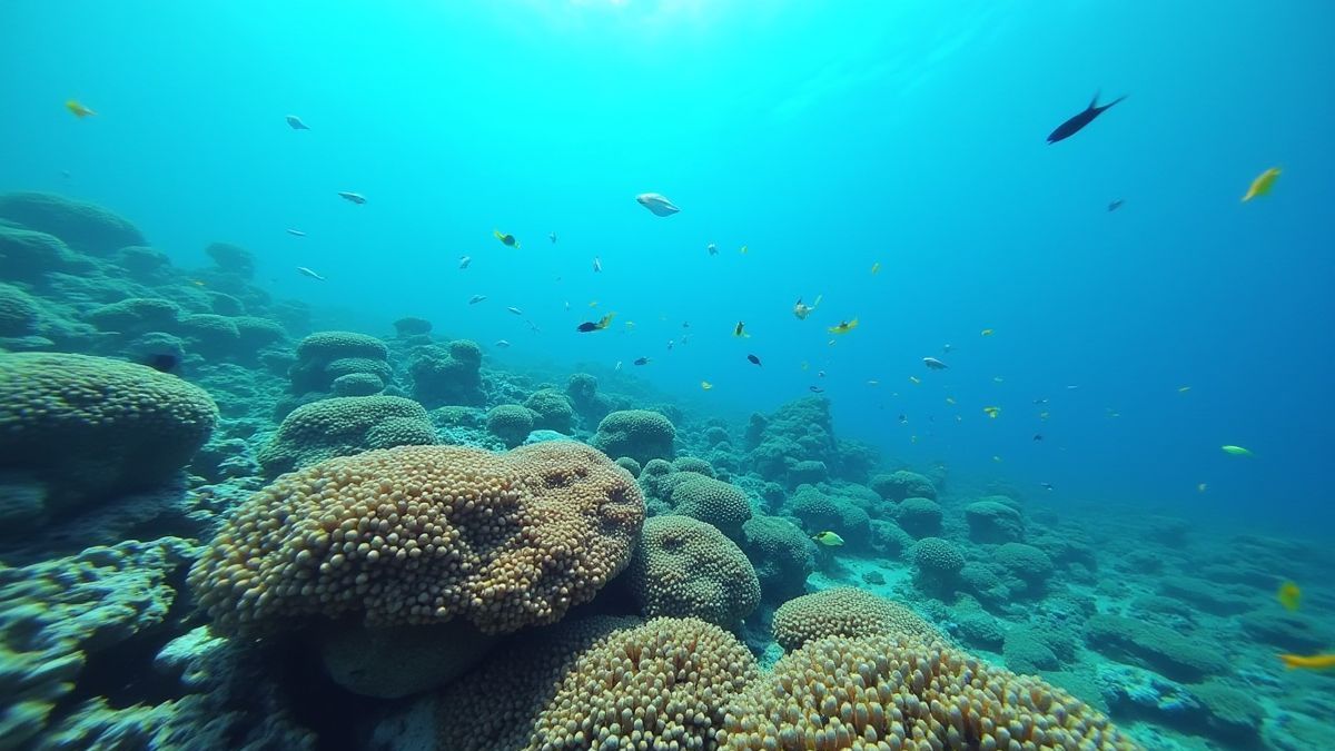Korallenriff unter Wasser mit bunten Fischen, die herumschwimmen.