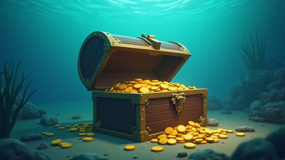 Animierte Schatztruhe, die unter Wasser aufgeht und Goldmünzen ausspuckt.