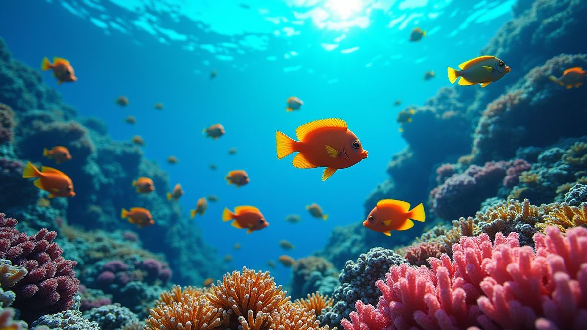 Bunte tropische Fische, die fröhlich in einem lebhaften Korallenriff schwimmen.