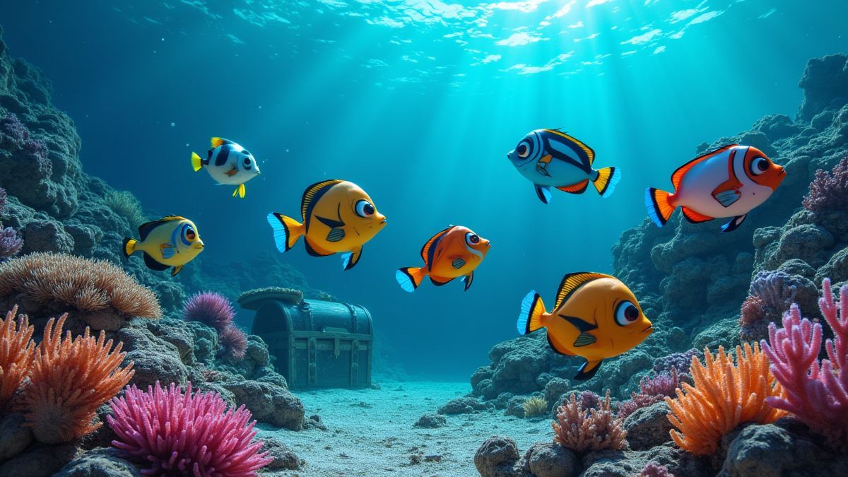 Peces nadando cerca de arrecifes coralinos con un cofre del tesoro al fondo.