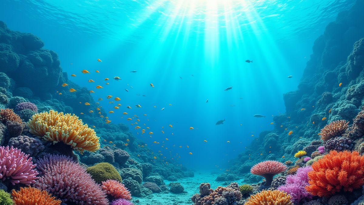 Escena submarina con arrecifes coralinos y peces coloridos.