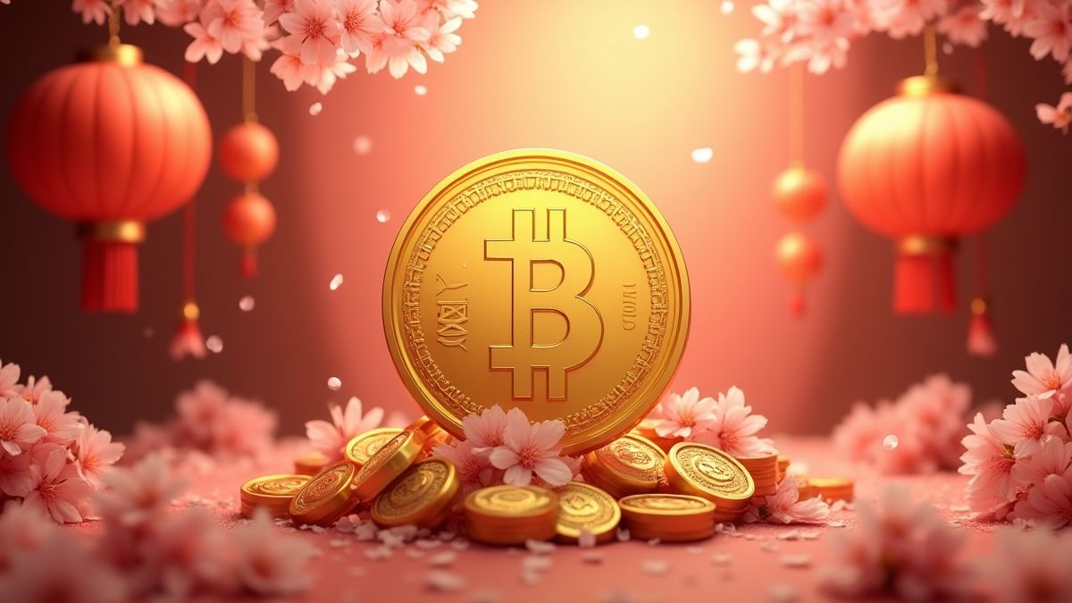 Moeda dourada rodeada de flores de cerejeira e lanternas em um ambiente asiático.
