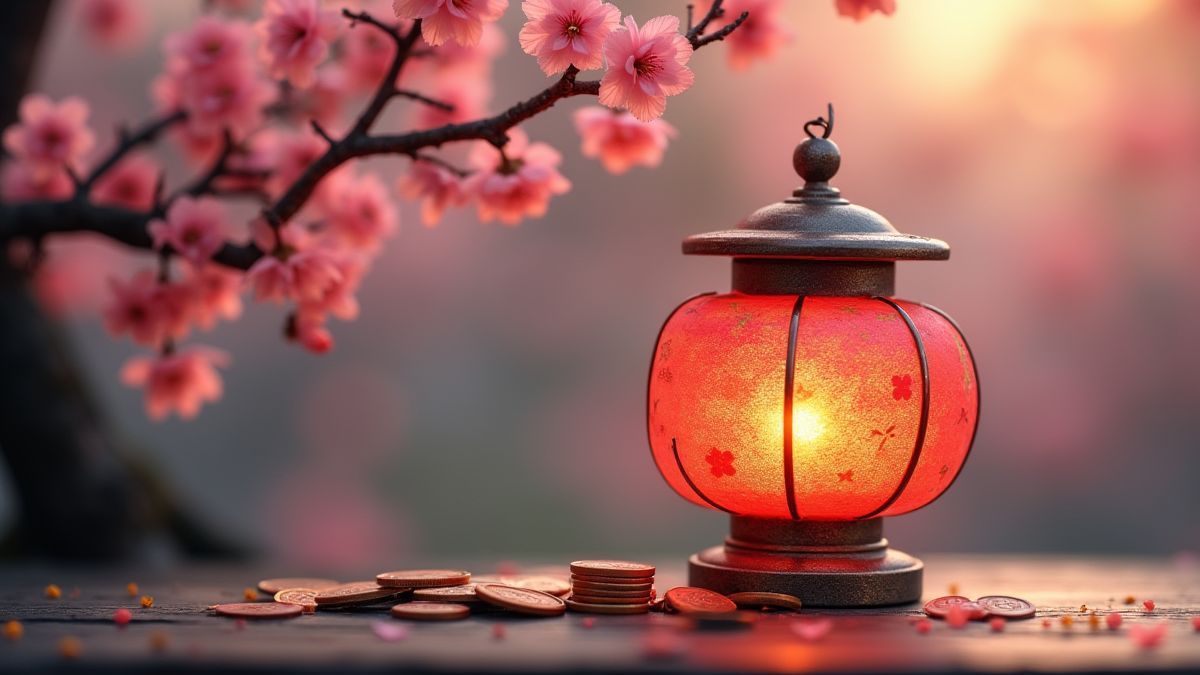 Lanterna rodeada de flores de cerejeira e moedas em um ambiente tranquilo de inspiração asiática.