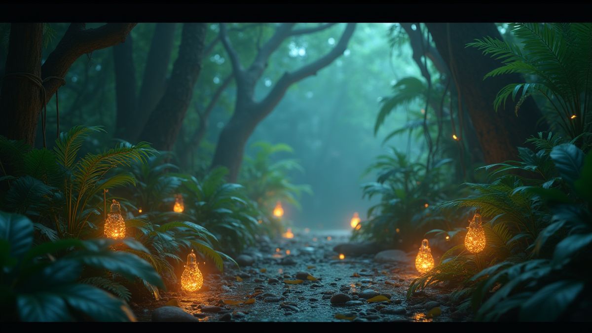 Animated jungle environment with glowing Scatter symbols among tropical plants.