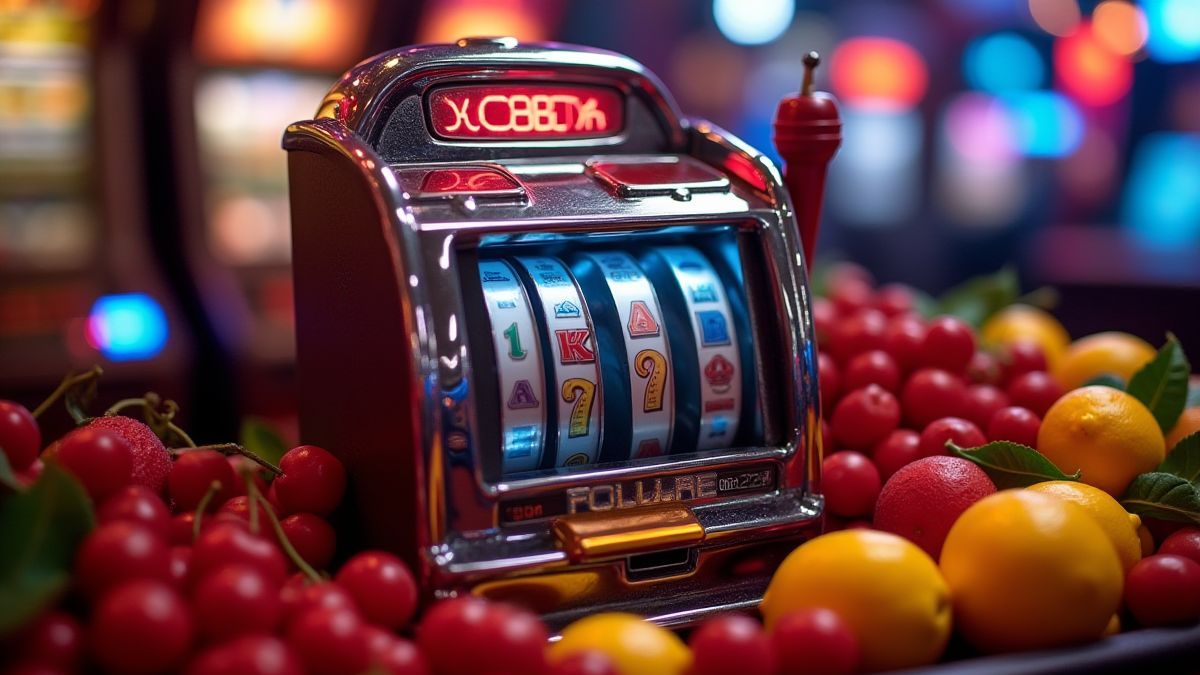 Retro slot machine surrounded by fruits under neon lights.