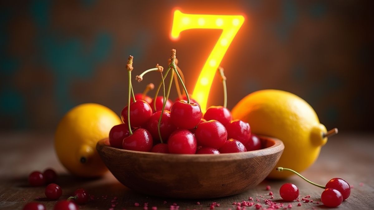 Bowl full of cherries and lemons with a glowing number 7 on top.