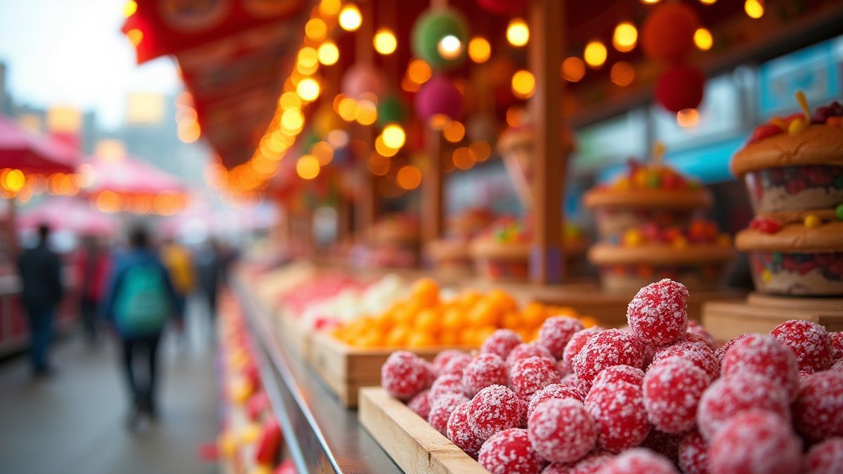 Ein lebhafter Süßigkeitenstand auf einem Jahrmarkt mit bunten Süßigkeiten.