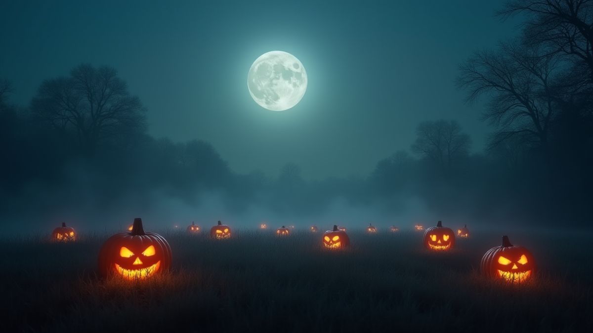 Un champ rempli de brouillard et de citrouilles illuminées sous la pleine lune.