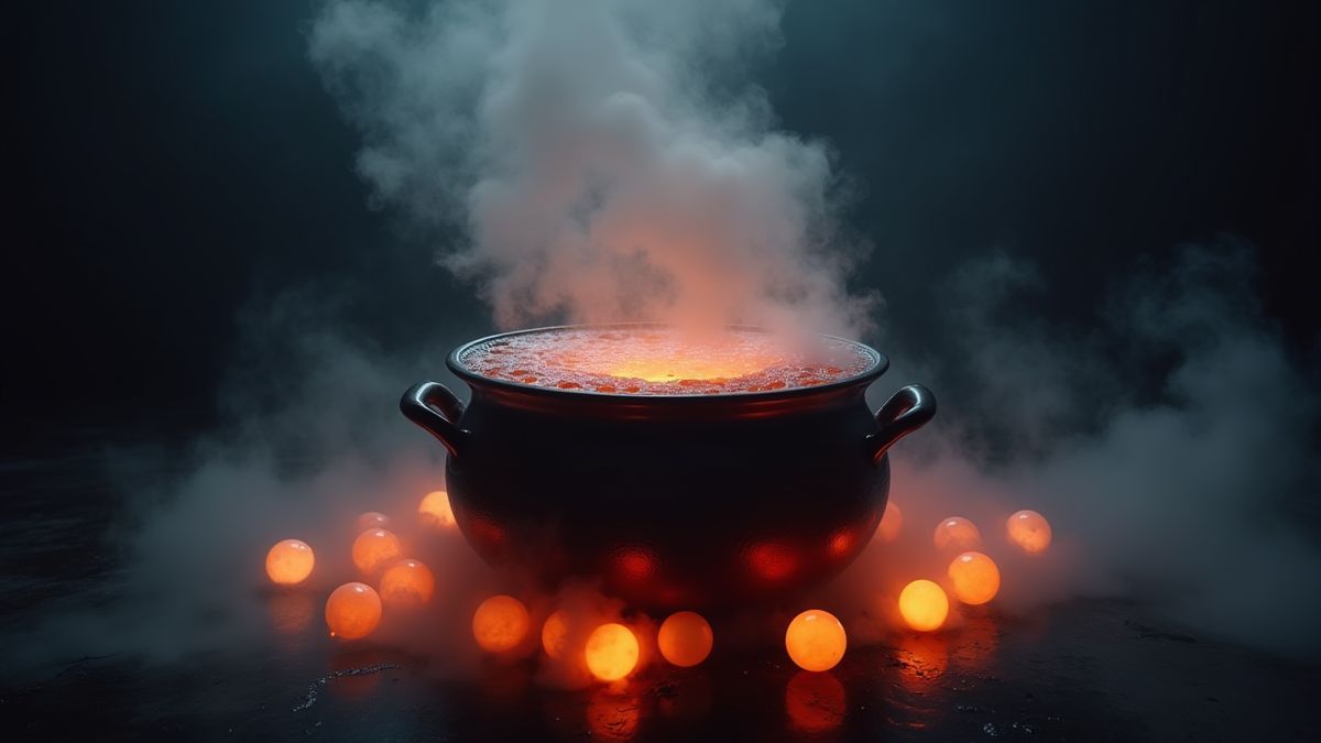 Un chaudron bouillonnant entouré de lumières magiques et de fumée.