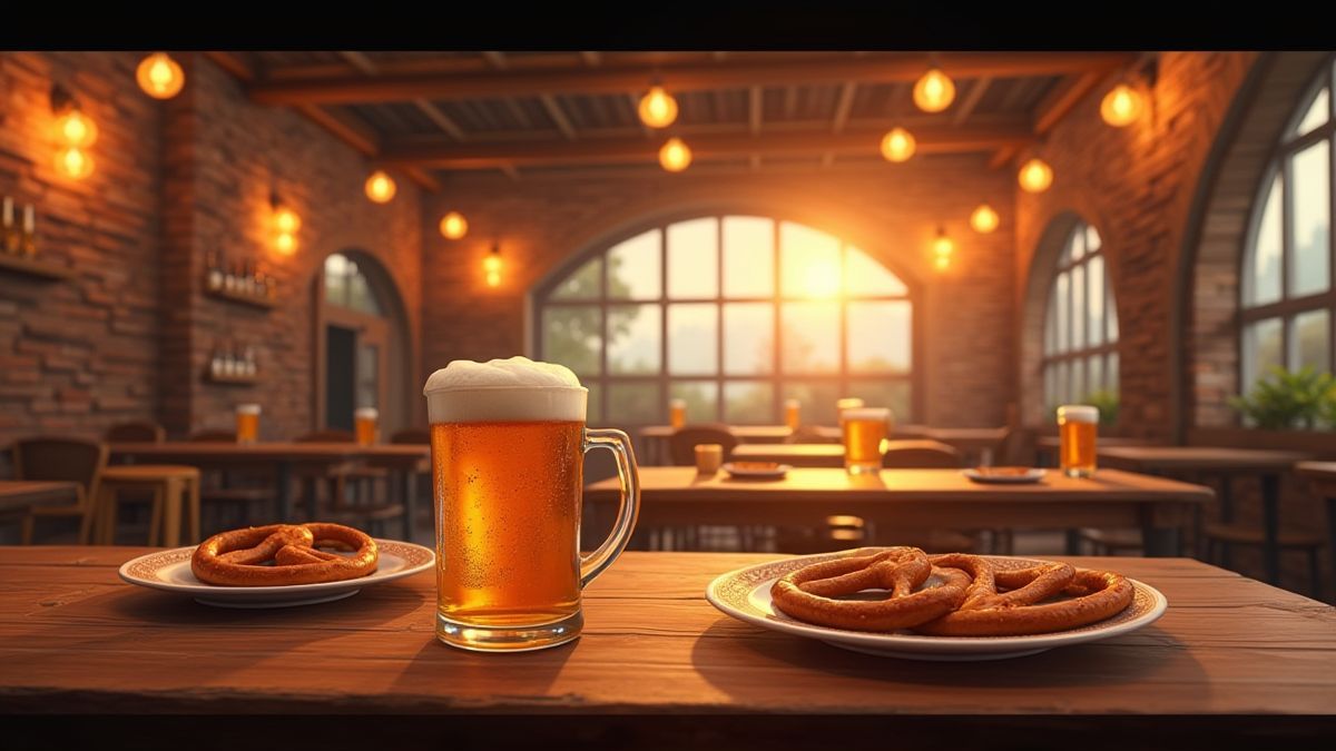 Geanimeerde interieur van een pub met houten tafels en bier.
