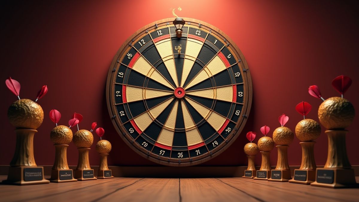 Geanimeerde dartbord met darts en prijzen.