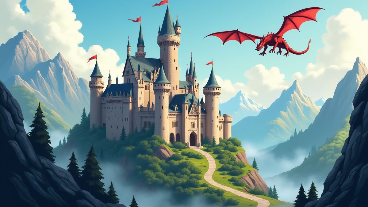 Un castillo medieval rodeado de montañas con un dragón sobrevolando.