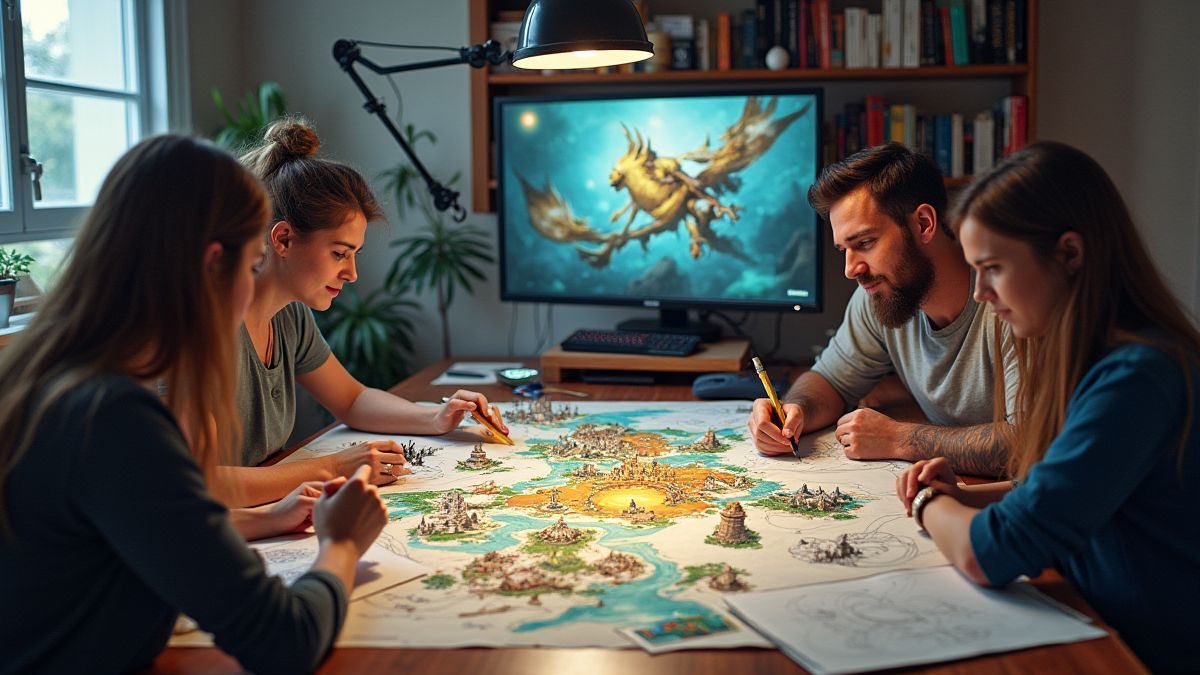 Desarrolladores diseñando juegos con temática de fantasía en un espacio creativo.