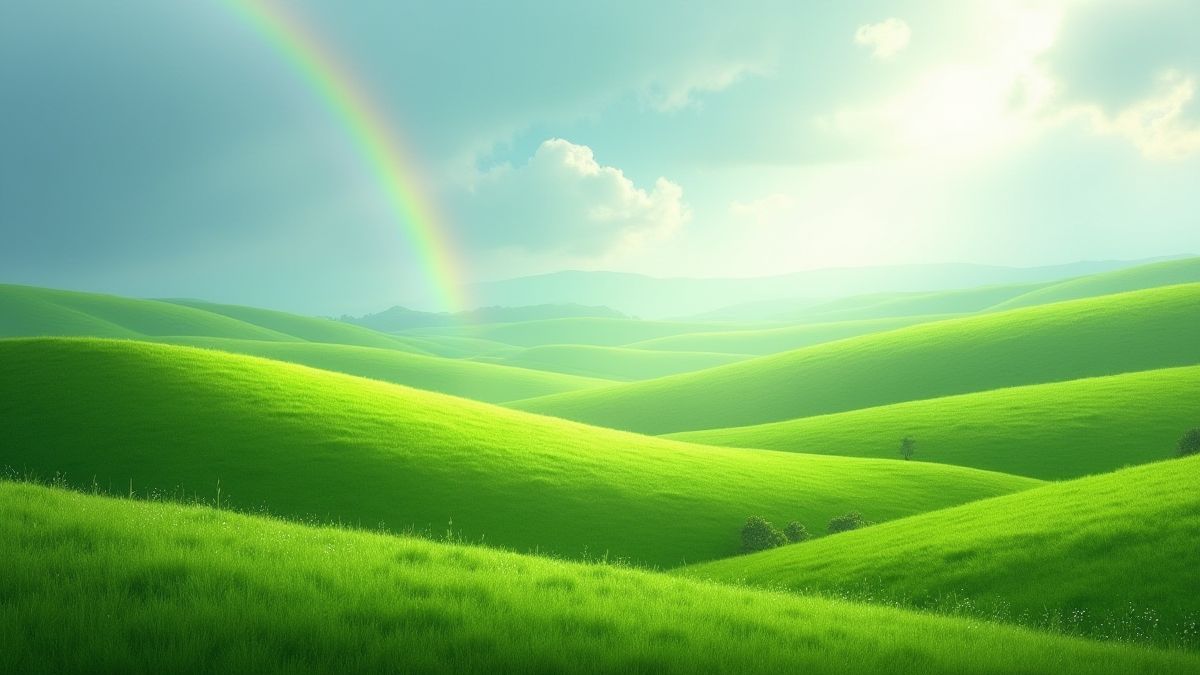 An Irish green landscape with hills and a bright rainbow.