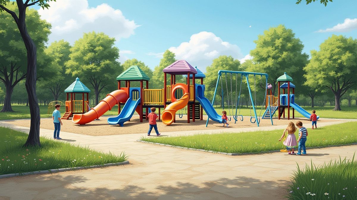 Un parque vibrante con niños jugando en columpios y toboganes.