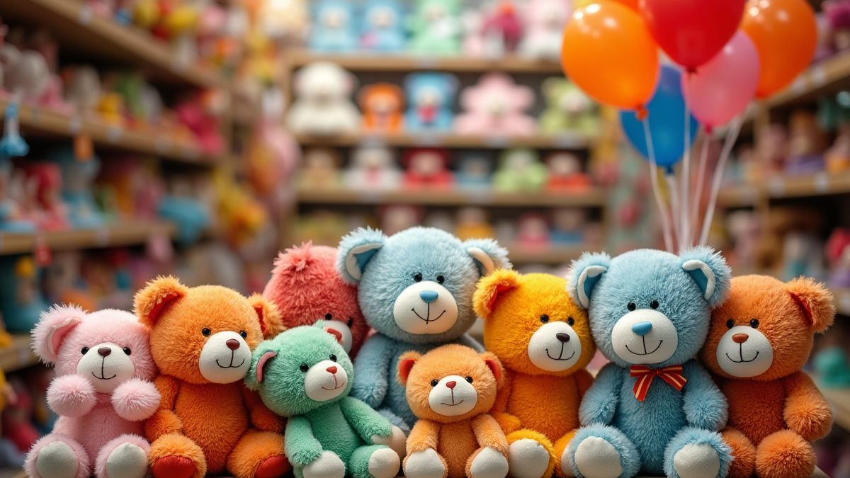 Tienda de juguetes con peluches y globos.