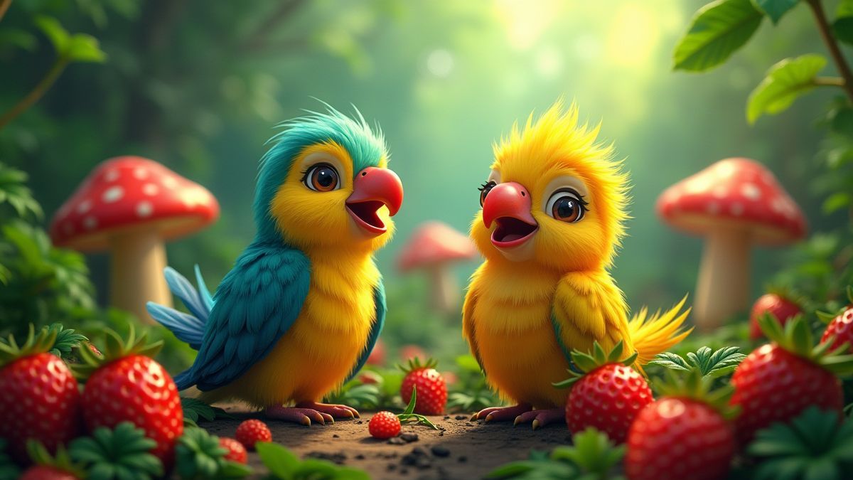 Pájaros tropicales entre fresas y setas en una jungla animada.