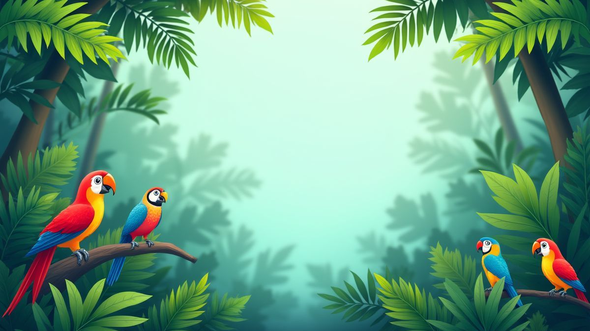 Fondo de jungla animada con plantas tropicales y pájaros de colores.