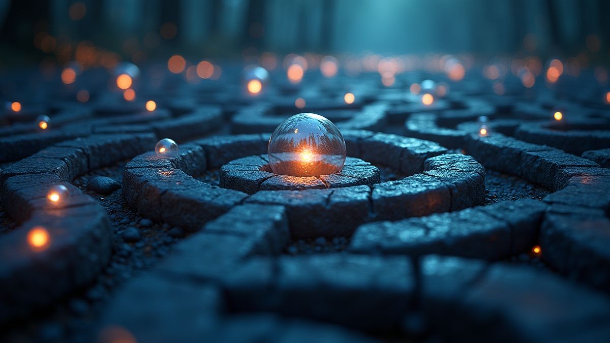 Orbes brillants flottant dans un labyrinthe mystique.