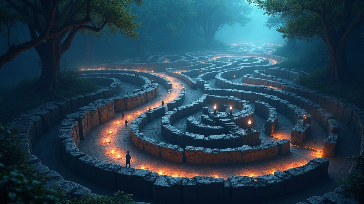 Un labyrinthe mystique avec des chemins brillants et des créatures magiques.
