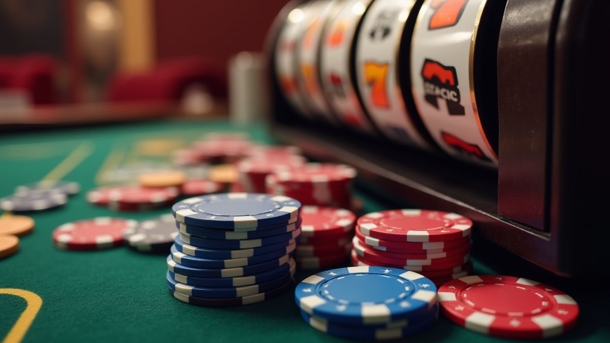 Fichas de casino e rolos de slot sobre uma mesa.