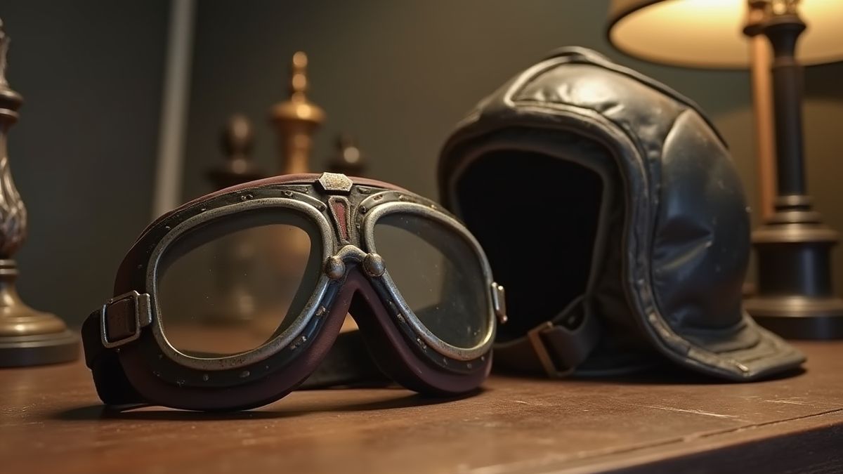 Óculos e capacete de piloto vintage sobre uma mesa.