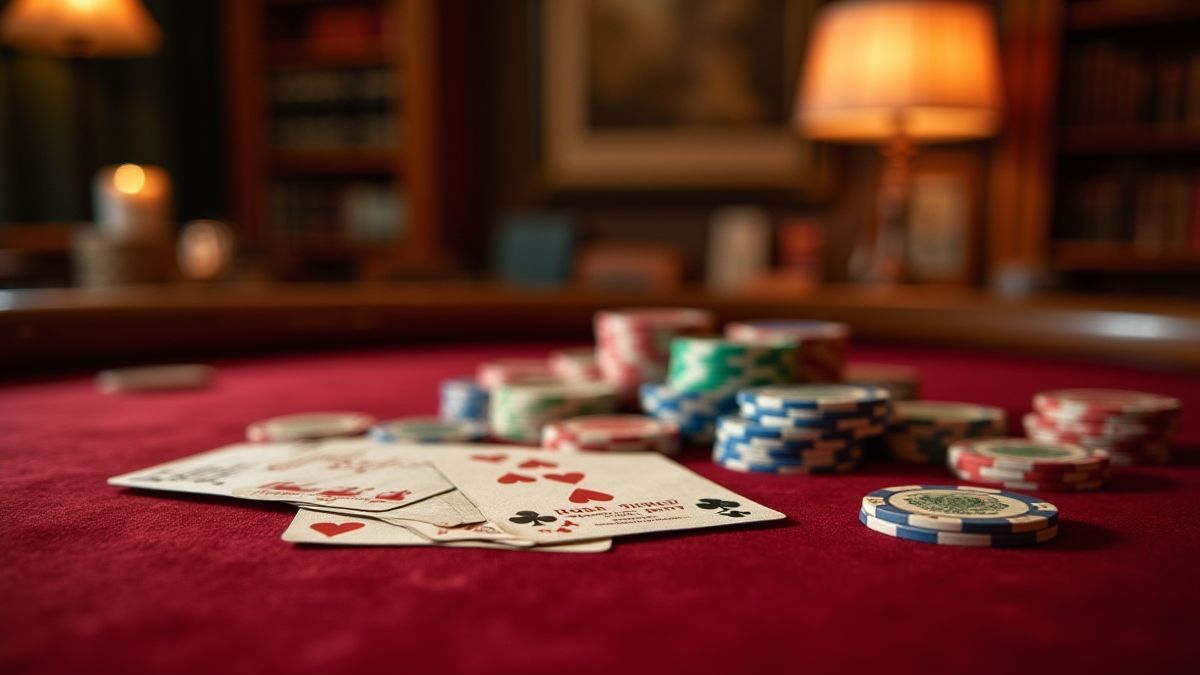 Mesa de cassino vintage com fichas e cartas retrô.