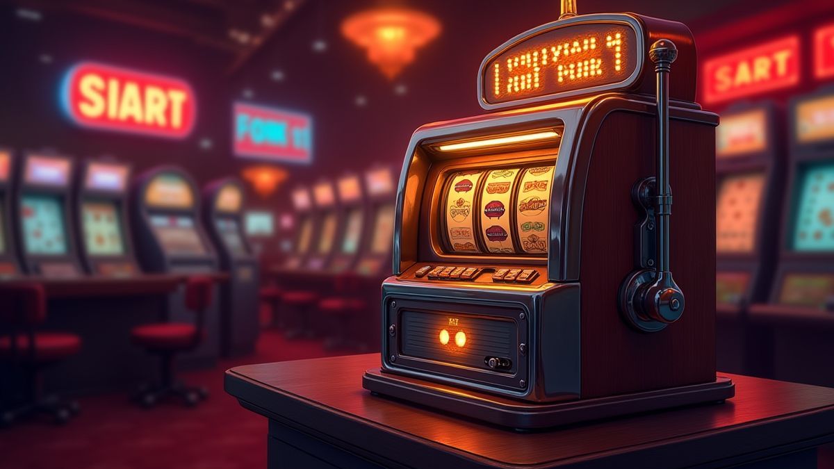 Máquina caça-níqueis vintage iluminada em um cassino retrô.