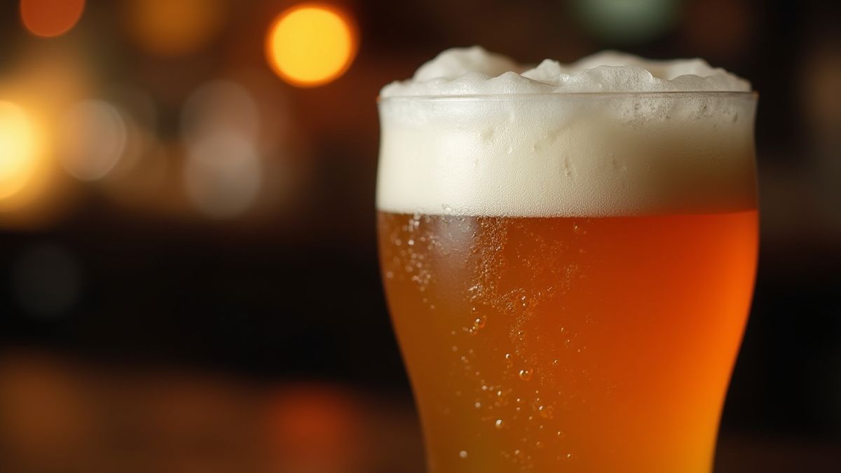 Imagem de um vaso de cerveja espumoso em um ambiente de pub.