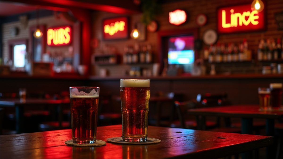 Imagem de um pub acolhedor com mesas de madeira e decorações temáticas.