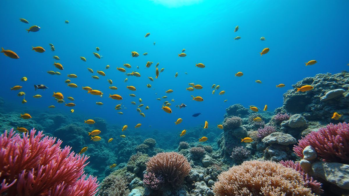 Peces tropicales nadando alrededor de arrecifes de coral.