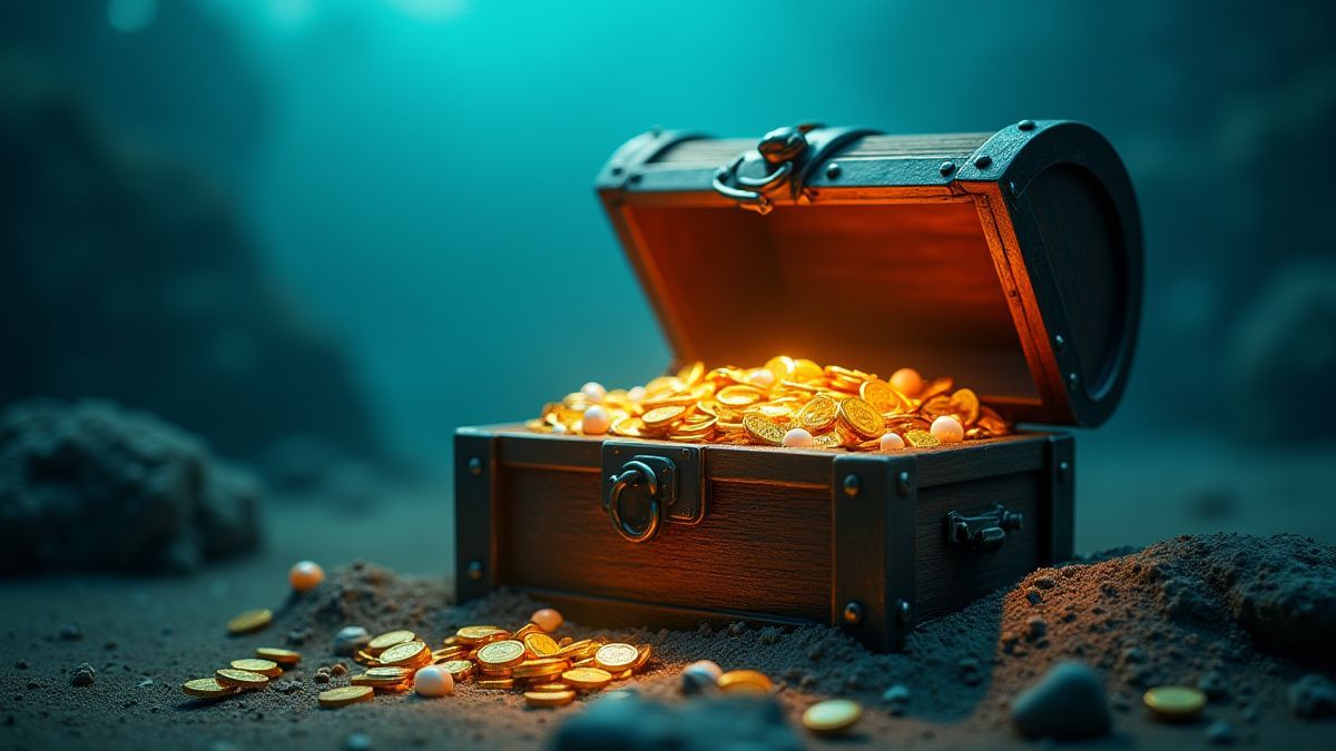 Cofre do tesouro sob a água com moedas de ouro e pérolas.