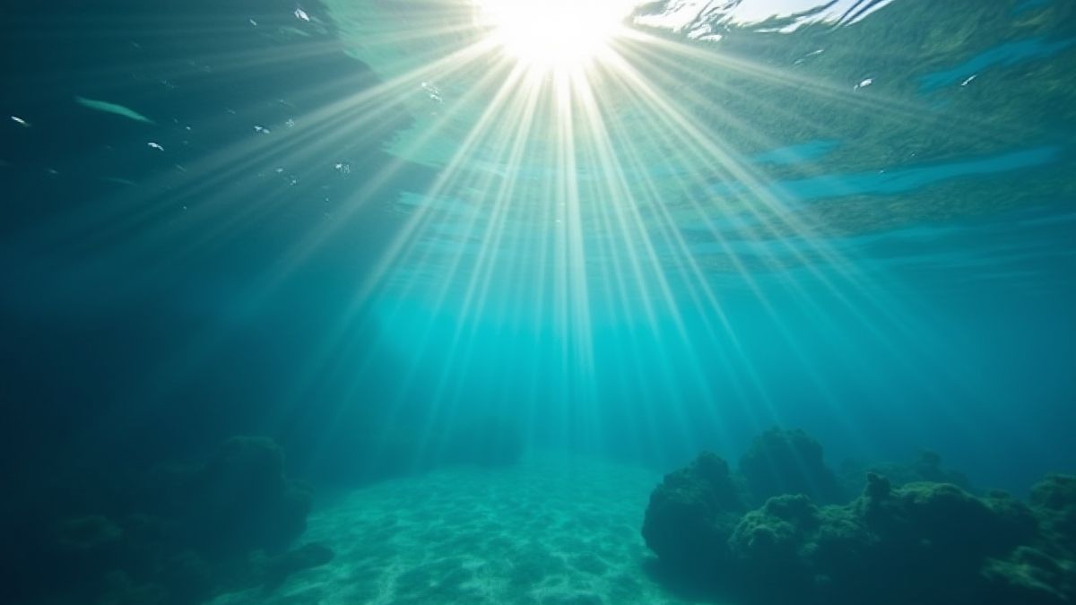 Cena submarina relaxante com luz solar filtrando-se.