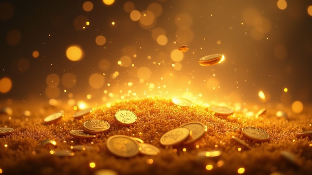 Goldene Münzen und glitzernde Schätze auf einem magischen Feld.