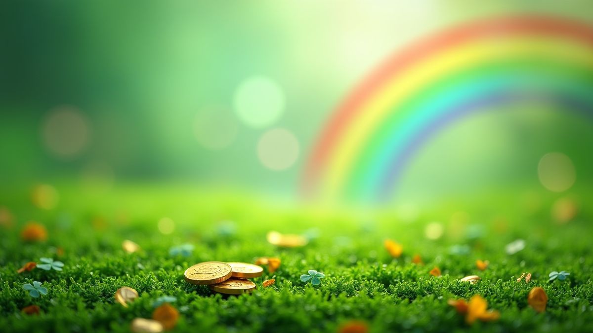 Afbeelding van een Iers weiland met een regenboog en gouden munten.