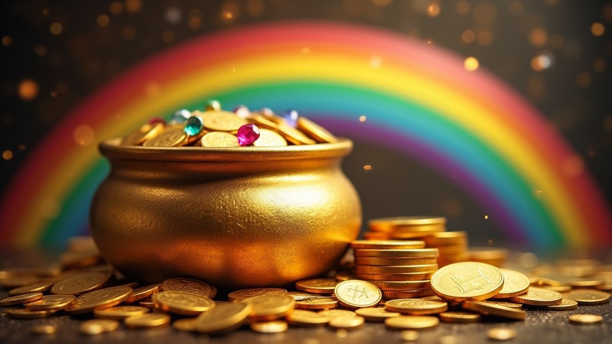 Afbeelding van een gouden pot onder een regenboog.