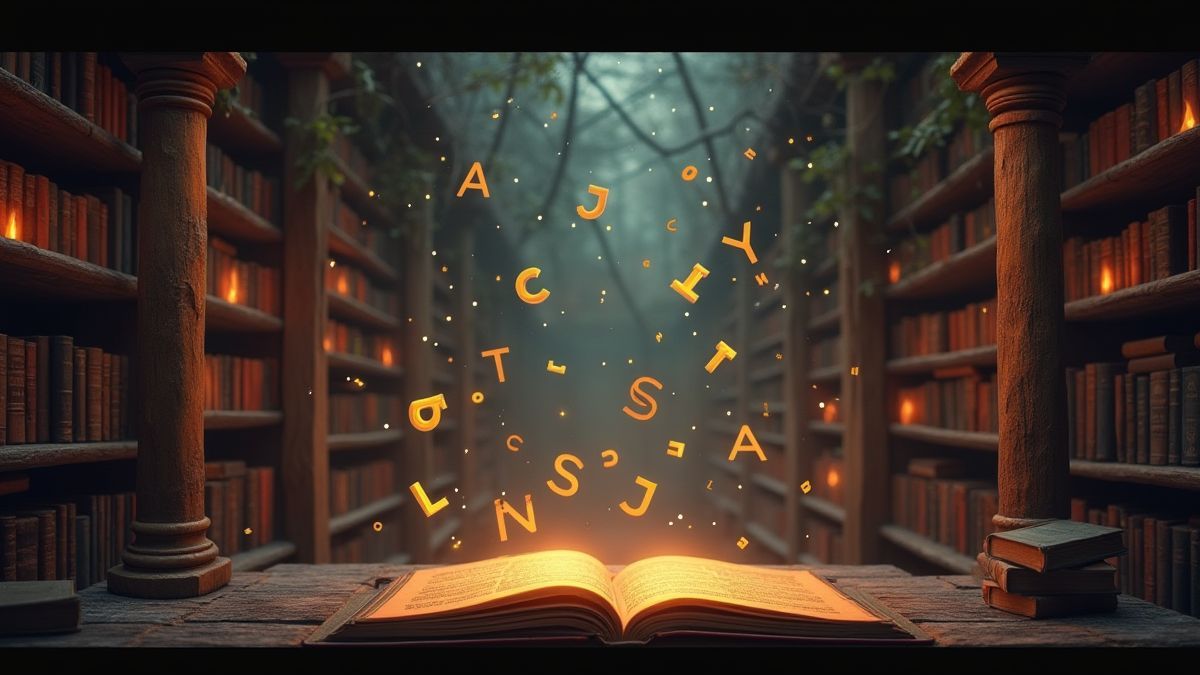 Eine verzauberte Bibliothek mit schwebenden Buchstaben und leuchtenden Büchern
