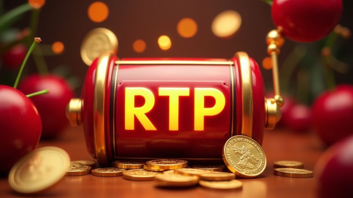 Representação visual do RTP de uma slot com moedas e cerejas.