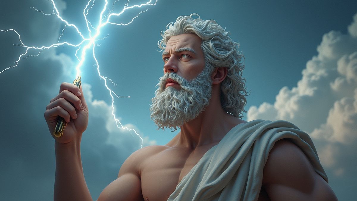 Zeus holding a lightning bolt among clouds in an animated design.
