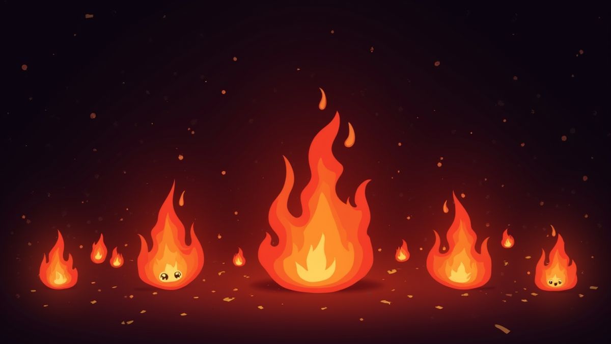 Symboles brillants entre flammes sur un fond sombre.