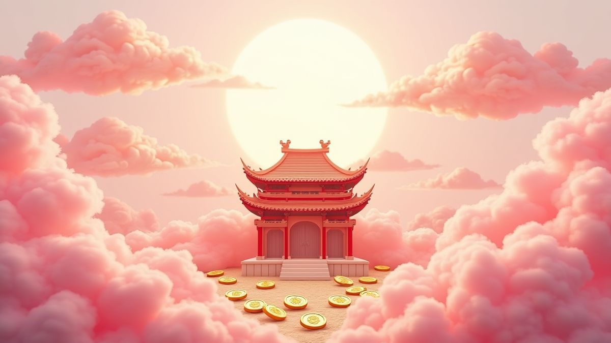 Pink clouds floating above a Chinese temple with golden coins.