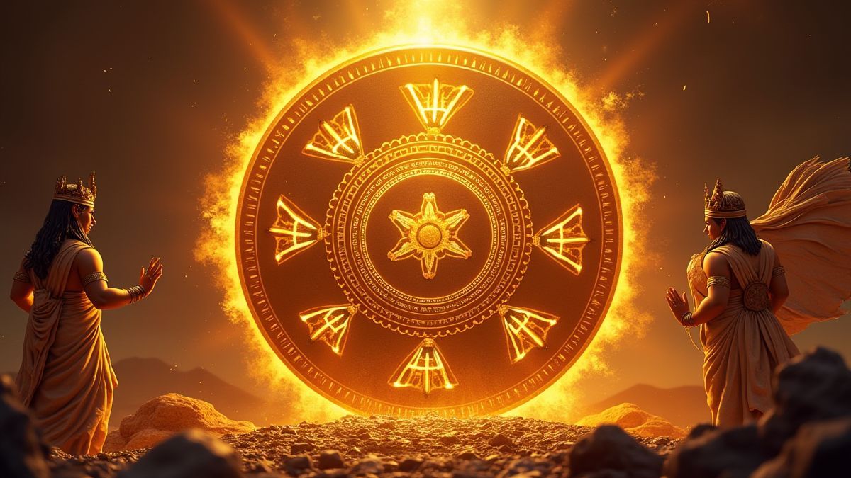 Golden reels with glowing symbols surrounded by animated gods.