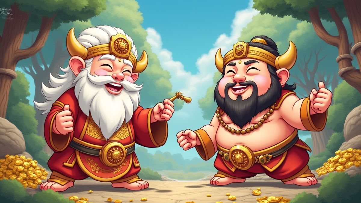 Manga-style gods interacting in a fantastic environment filled with treasures.