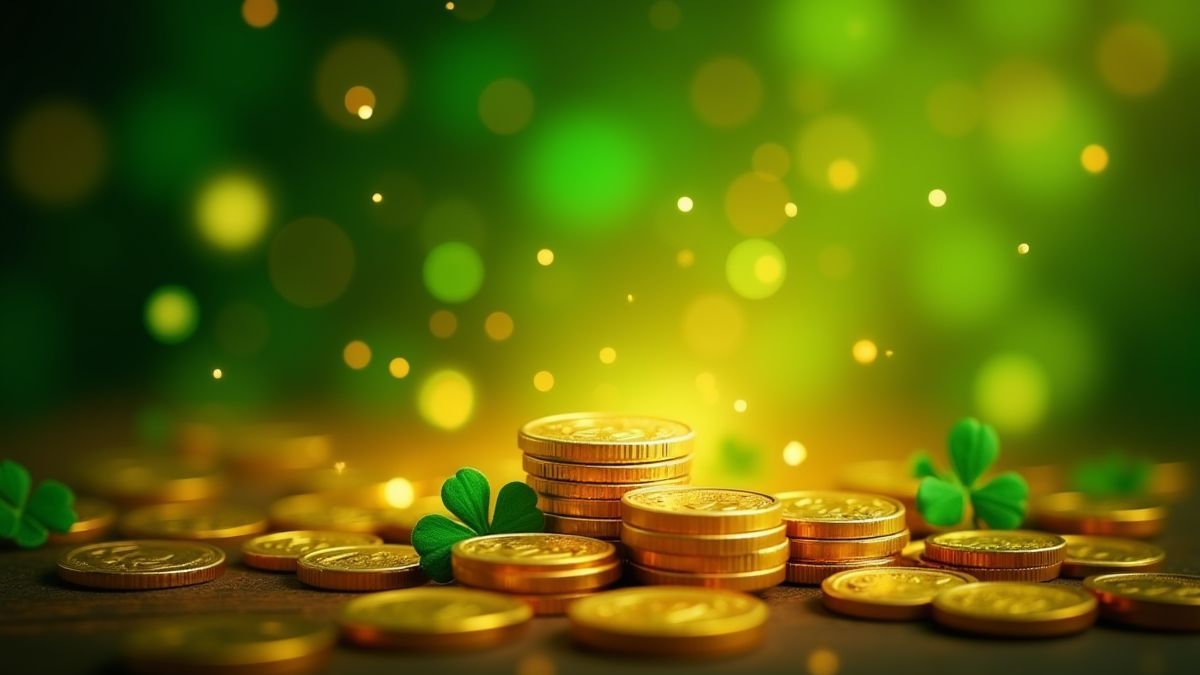 Gouden munten en groene klavertjes die stralen met magisch licht.