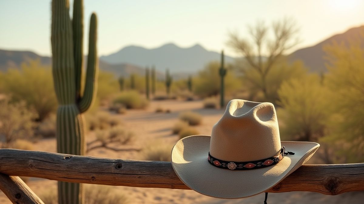Szene einer Wüste mit Kakteen und einem Cowboyhut auf einem Holzzaun.