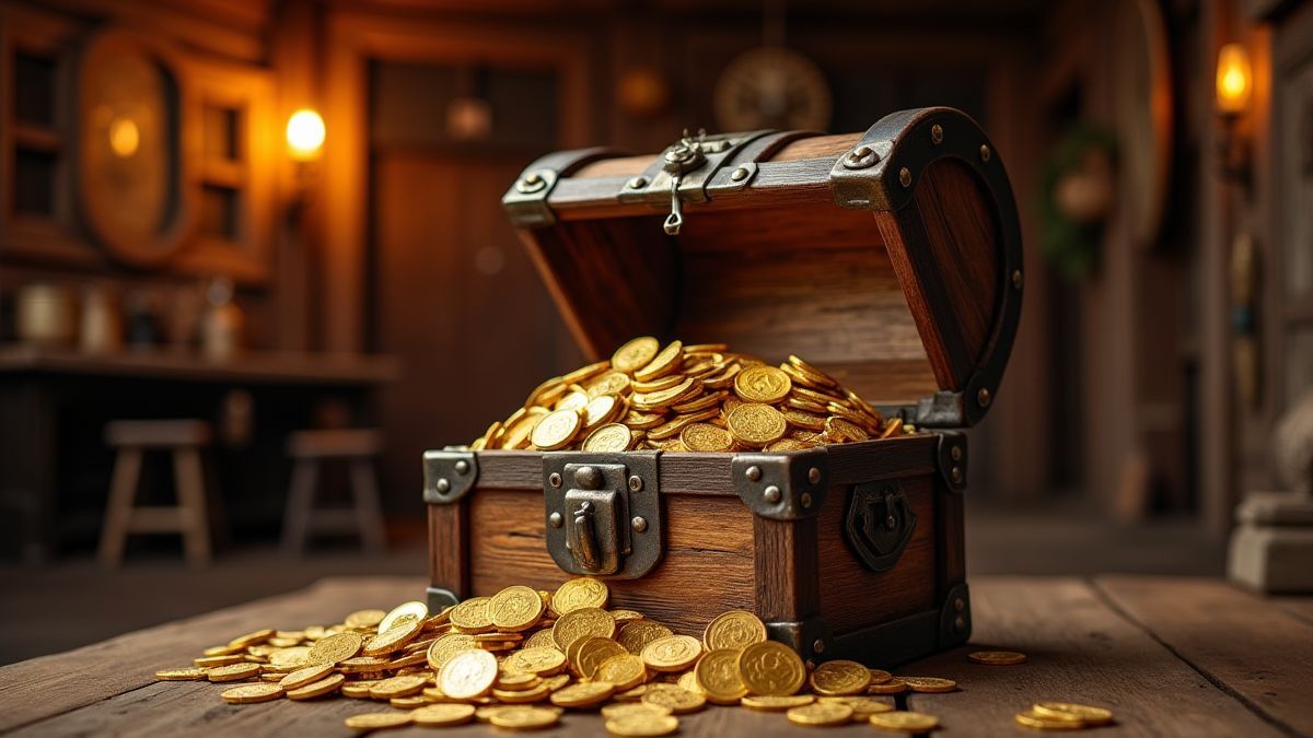 Eine Schatzkiste mit Goldmünzen in einem alten Western-Saloon.